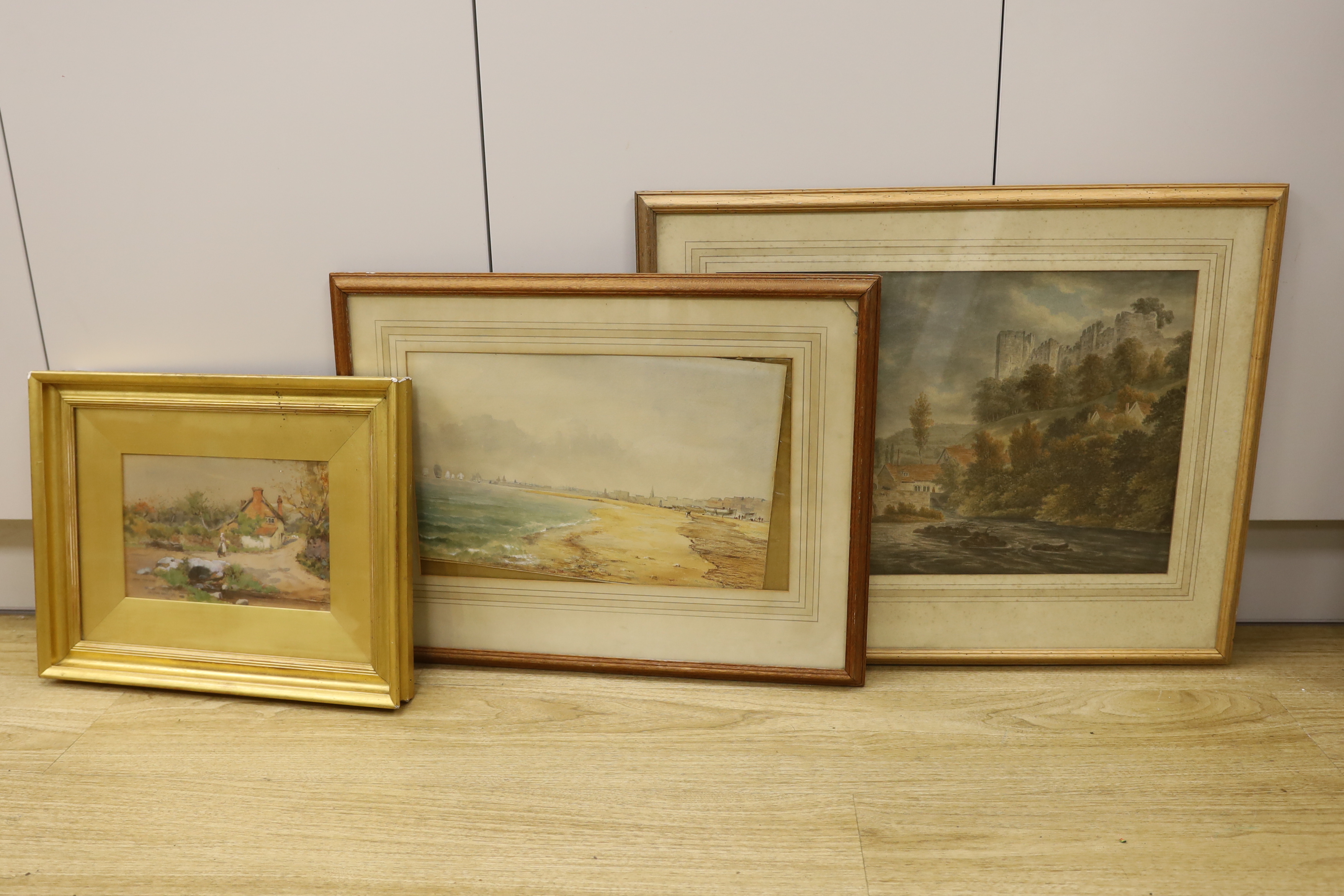 Three 19th century and later watercolours including Wilfrid Ball, near Minehead, signed and dated '94 and Thomas G Dutton, Coastal landscape, signed and dated 1859, largest 31 x 47cm